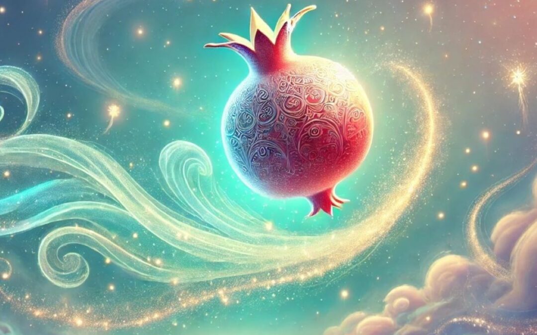 Magical glowing pomegranate floating in a mystical turquoise sky