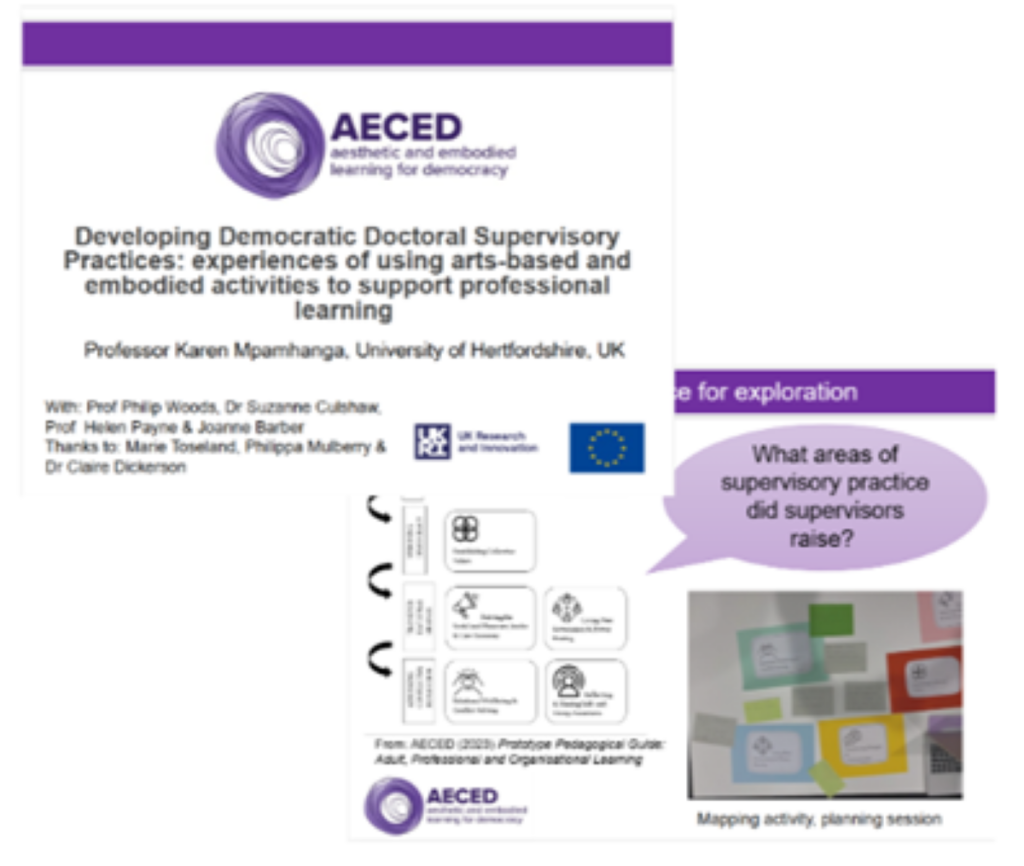 Image of overlapping slides presented at SRHE 2024 conference by Karen Mphamanga. The top slide gives the title of the presentation and the names of the presenter and colleagues from the AECED UK team. The bottom slide illustrates a mapping activity using coloured cards and sticky notes.