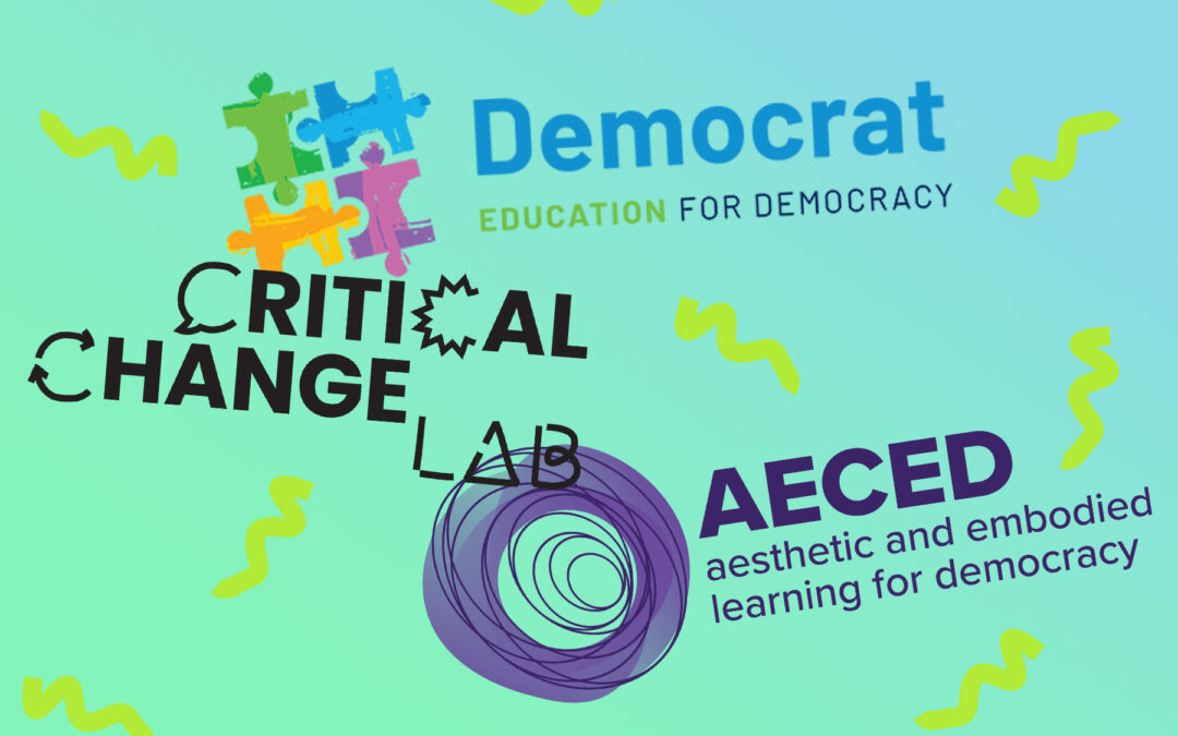 Turquoise background with logos for Democrat, Critical Change Lab and AECED research projects