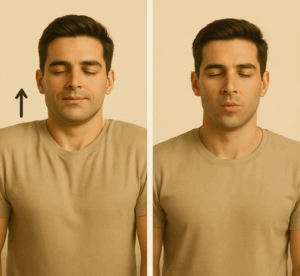 Image generated by ChatGPT - two panels, the first showing young male with eyes closed raising shoulders toward ears, the second panel shows the same male with relaxed shoulders, eyes still closed