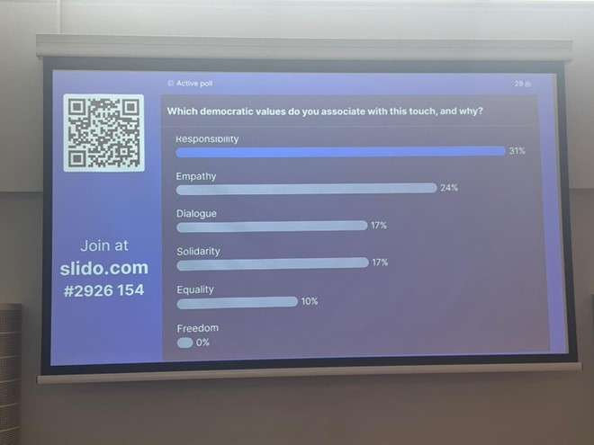 Photo: Slido poll results showing which democratic values participants associated with their tactile experience of touching their conference badge